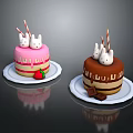 Pink and Brown Cakes with White Rabbit Decorations Striped Straws Strawberry and Chocolate
