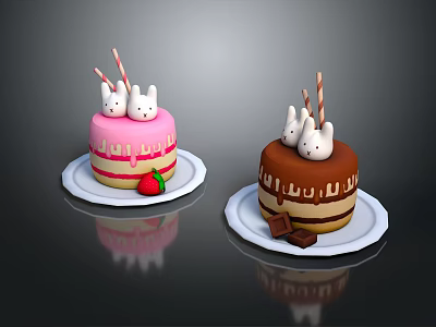 Pink and Brown Cakes with White Rabbit Decorations Striped Straws Strawberry and Chocolate 3d model