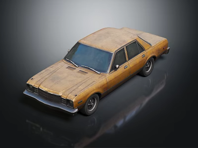 Rusty Old Vintage Car Body With Blue Windows And Black Tires 3d model