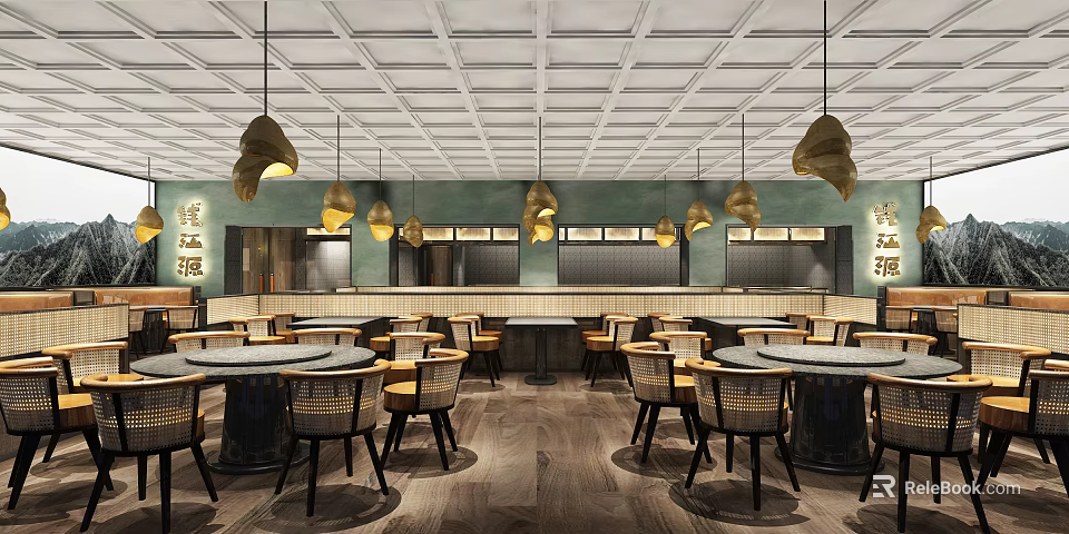 Modern Restaurant Interior With Gold Pendant Lights Round Tables And Green Walls 3d model 