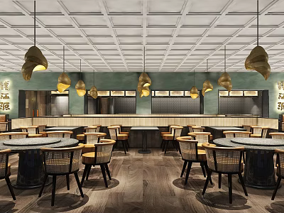 Modern Restaurant Interior With Gold Pendant Lights Round Tables And Green Walls 3d model
