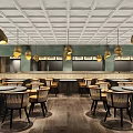 Modern Restaurant Interior With Gold Pendant Lights Round Tables And Green Walls