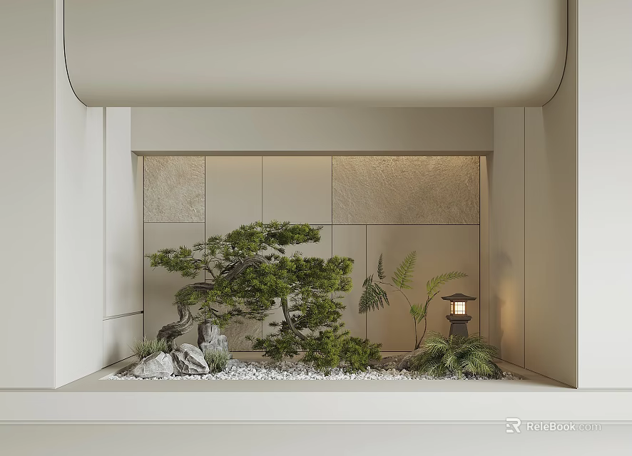 Indoor Landscape With Pine Tree Stones Moss Small Lamp On Light Colored Textured Walls 3d model 