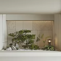 Indoor Landscape With Pine Tree Stones Moss Small Lamp On Light Colored Textured Walls