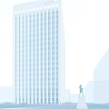 Modern High Rise Office Building Featuring Glass Curtain Wall Under Blue Sky With Pedestrian