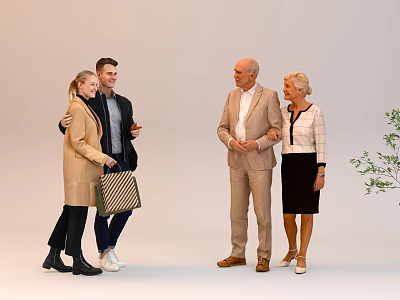 Four People Family Interacting With Young And Elderly In Casual Outfits On Light Background 3d model