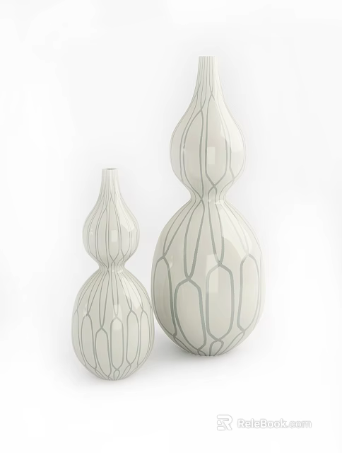Modern Decorative Ornament Set With Two Gourd Shaped White Ceramic Vases And Gray Lines 3d model 