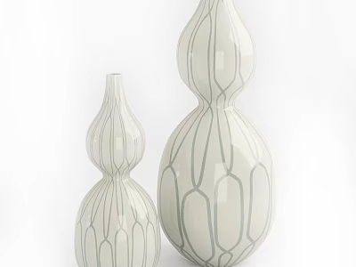 Modern Decorative Ornament Set With Two Gourd Shaped White Ceramic Vases And Gray Lines 3d model