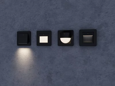 Black Square Wall Lighting Fixtures With Various Designs And Illuminated Unit On Dark Wall 3d model