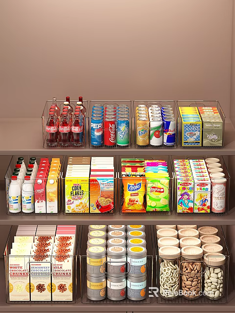 Assorted Food And Beverage Shelf Display With Bottled Drinks Canned Beverages Cereal Boxes And Snacks 3d model 