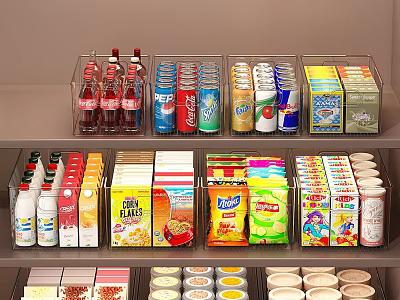 Assorted Food And Beverage Shelf Display With Bottled Drinks Canned Beverages Cereal Boxes And Snacks 3d model