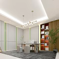 Modern Open Office Space With White Green Walls Bookshelves Round Stools And Carpet