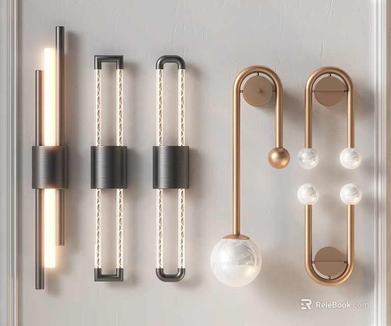 Modern Wall Lamps Featuring Black Gold Metal Frames Spherical Glass Shades And LED Tubes 3d model 