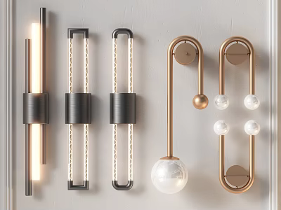 Modern Wall Lamps Featuring Black Gold Metal Frames Spherical Glass Shades And LED Tubes 3d model