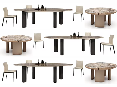 Modern Dining Table Set Combinations With Black Metal Legs Round Oval Beige Tabletops And Chairs 3d model