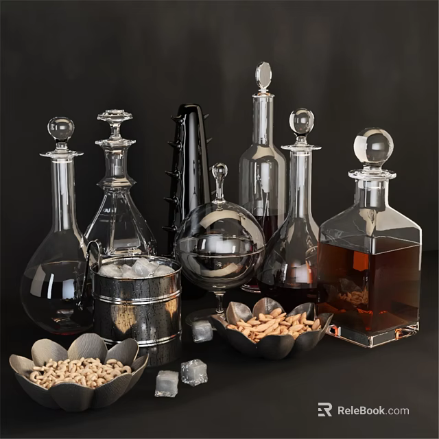 Modern Glass And Metal Decorative Ornament Set With Bottles Bowls Nuts And Ice Cubes 3d model 