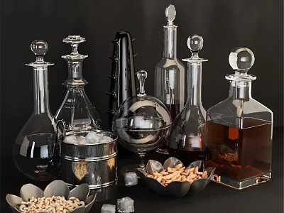 Modern Glass And Metal Decorative Ornament Set With Bottles Bowls Nuts And Ice Cubes 3d model