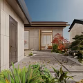 Japanese Garden Landscape With Stone Path Red Maple Tree Green Plants and Wooden Elements