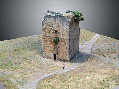 Scenic Landscape of Ancient Stone Tower With Lush Grass Winding Path Tower Plants And Person 3d model