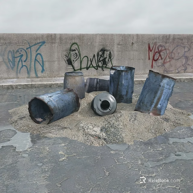 Stone And Wood Elements With Metal Barrels By Graffiti Wall On Sandy Ground 3d model 