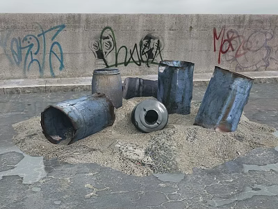 Stone And Wood Elements With Metal Barrels By Graffiti Wall On Sandy Ground 3d model