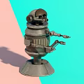 Metallic Green Intelligent Robot With Multiple Mechanical Arms Gray Base On Pink Blue Background