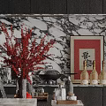 Elegant Decorative Ornament Set With Red Floral Branches Black Teapot Beige Bottles And Calligraphy Art