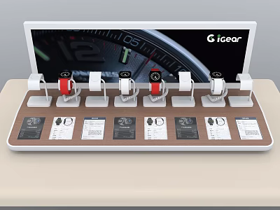 Gicgear Watch Display Rack with Watches on White Holders Screen Background and Product Cards 3d model