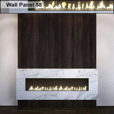 Elegant Fireplace Interior Design With Marble Base Dark Wooden Panel And Flames 3d model