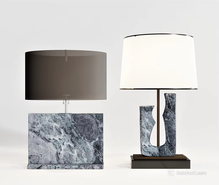 Two Modern Table Lamps Featuring Marble Bases and Different Colored Shades 3d model