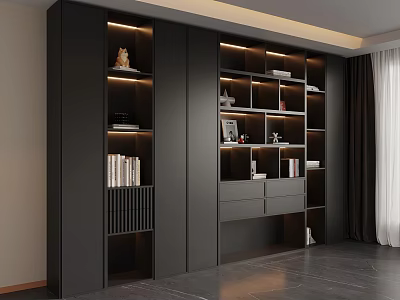 Modern Black Bookcase With Open Design Lighting Books Decorations And Drawers 3d model
