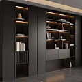 Modern Black Bookcase With Open Design Lighting Books Decorations And Drawers