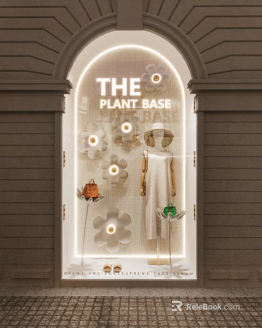 THE PLANT BASE Store Window Display With Flower Decor Dress Hat And Bags 3d model 