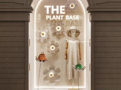 THE PLANT BASE Store Window Display With Flower Decor Dress Hat And Bags 3d model