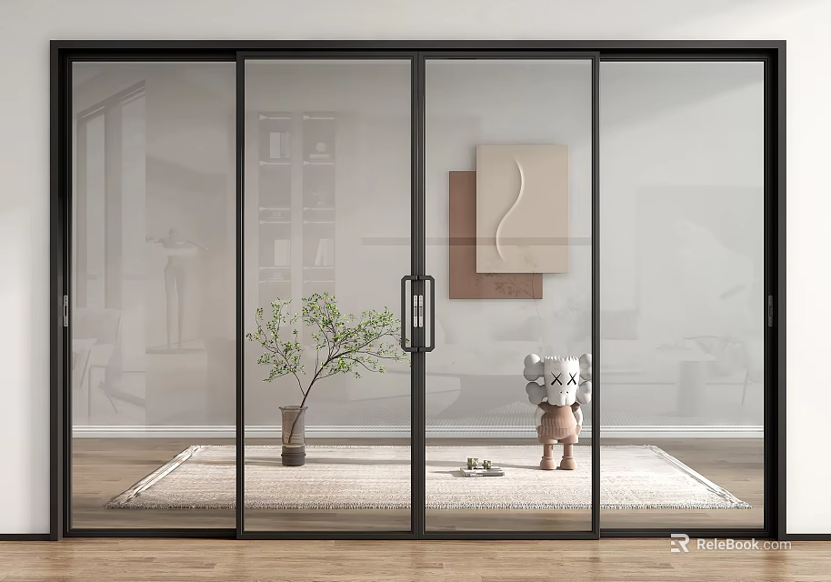 Modern Glass Sliding Doors In Interior With Rug Potted Plant And Wall Art 3d model 