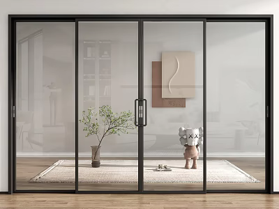 Modern Glass Sliding Doors In Interior With Rug Potted Plant And Wall Art 3d model