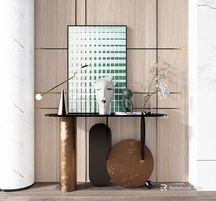 Modern Console Table Design With Mirror Decorative Items And Wooden Panel Background 3d model 