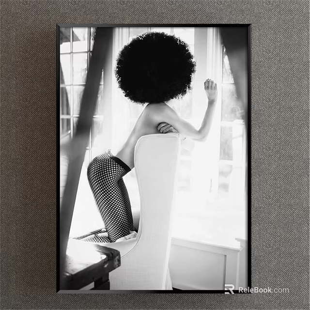 Black and White Female Portrait Painting with Afro Hairstyle Leaning on White Chair by Window 3d model 