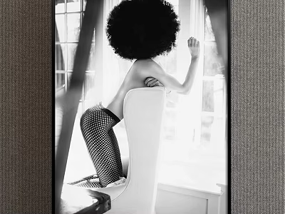 Black and White Female Portrait Painting with Afro Hairstyle Leaning on White Chair by Window 3d model