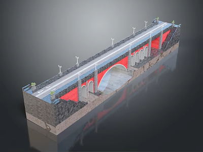 Detailed Stone Arch Bridge Structure With Arch Supports Stone Piers Roadway And Lamp Posts 3d model