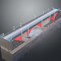 Detailed Stone Arch Bridge Structure With Arch Supports Stone Piers Roadway And Lamp Posts