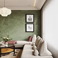 Modern Living and Dining Room Interior Design With Chandelier Sofa Coffee Table and Wooden Cabinets