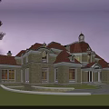 Luxury Detached Villa With Stone Exterior Red Roof Evening Lighting And Lawn Garden Driveway