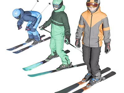 Men In Colorful Ski Suits With Helmets And Goggles Preparing To Ski 3d model