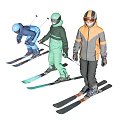 Men In Colorful Ski Suits With Helmets And Goggles Preparing To Ski
