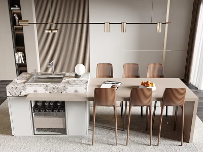 Modern Interior Bar Counter Design With Marble Surface Wooden Stools Sink And Pendant Lights 3d model