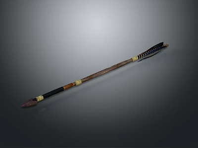 Traditional Spear Weapon With Wooden Shaft Black Gold Decorations Pointed Tip And Feathered End 3d model