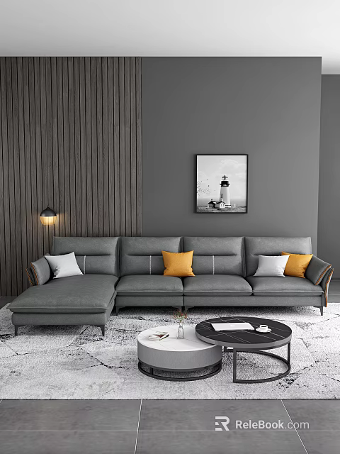 Gray L shaped Sofa with White and Orange Cushions and Round Coffee Table Set 3d model