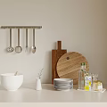 Modern Dinnerware Set with Hanging Spoons Chopping Boards White Bowl Stacked Plates and Condiment Bottles