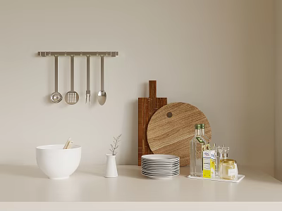 Modern Dinnerware Set with Hanging Spoons Chopping Boards White Bowl Stacked Plates and Condiment Bottles 3d model